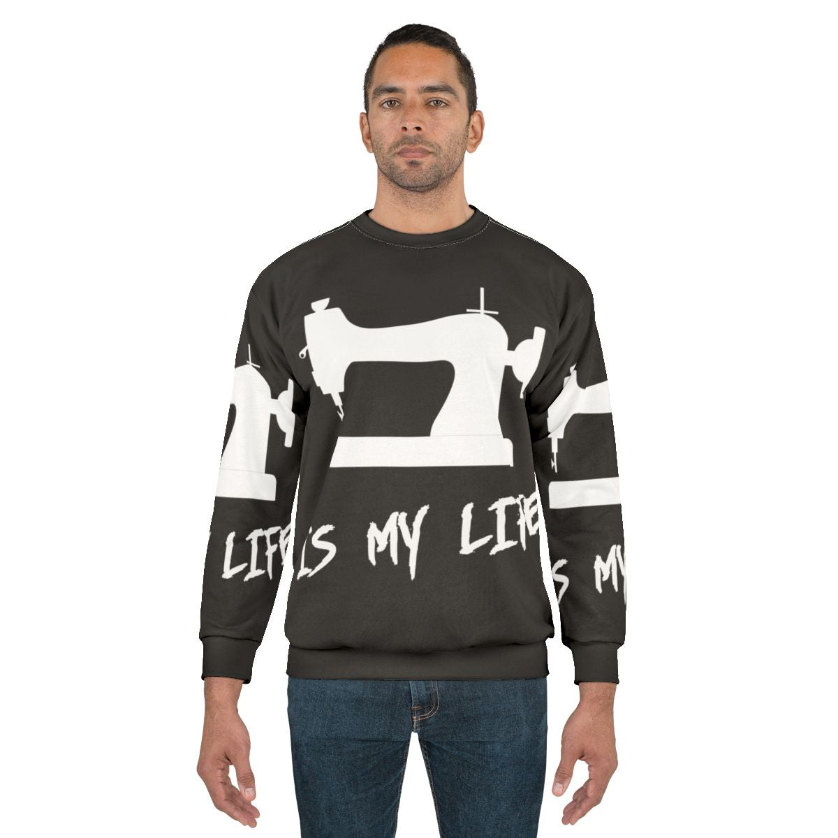Sewing enthusiast wearing a sweatshirt with "Sewing Is My Life" printed on it