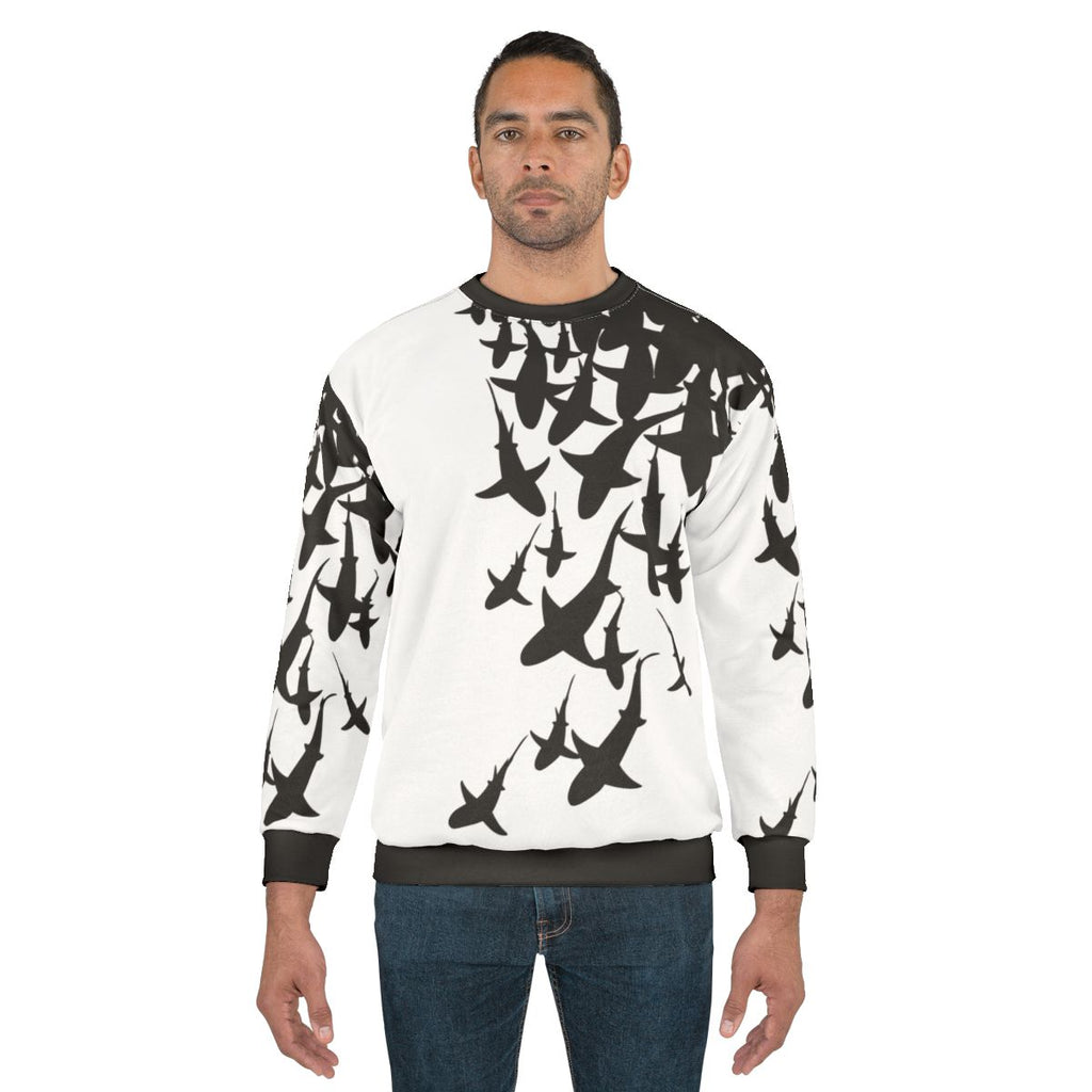 Shark sweatshirt featuring a black and white pattern design