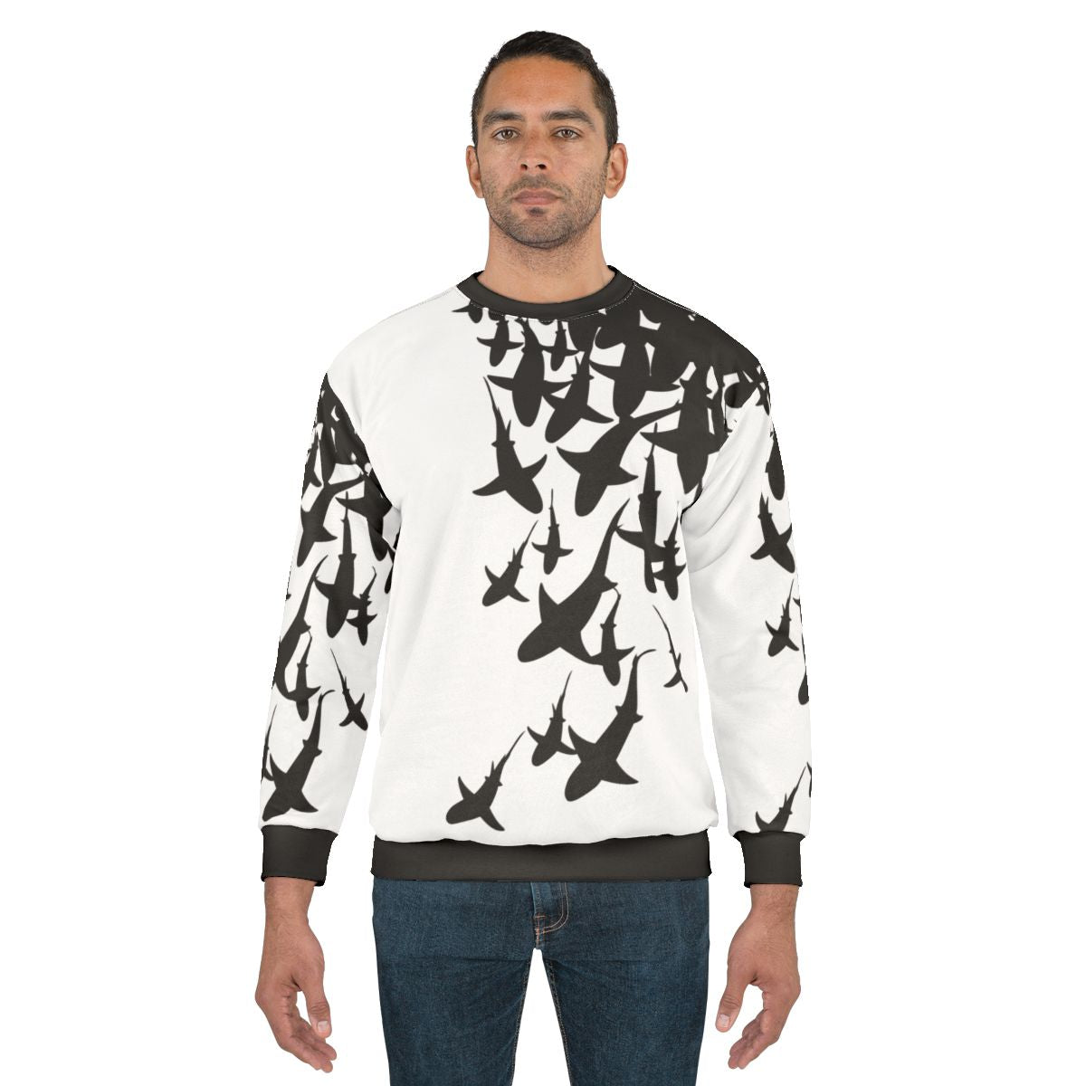 Shark sweatshirt featuring a black and white pattern design