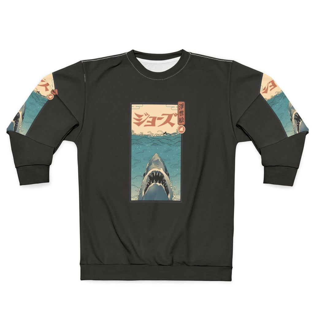 Ukiyo-e inspired shark design on a cozy sweatshirt