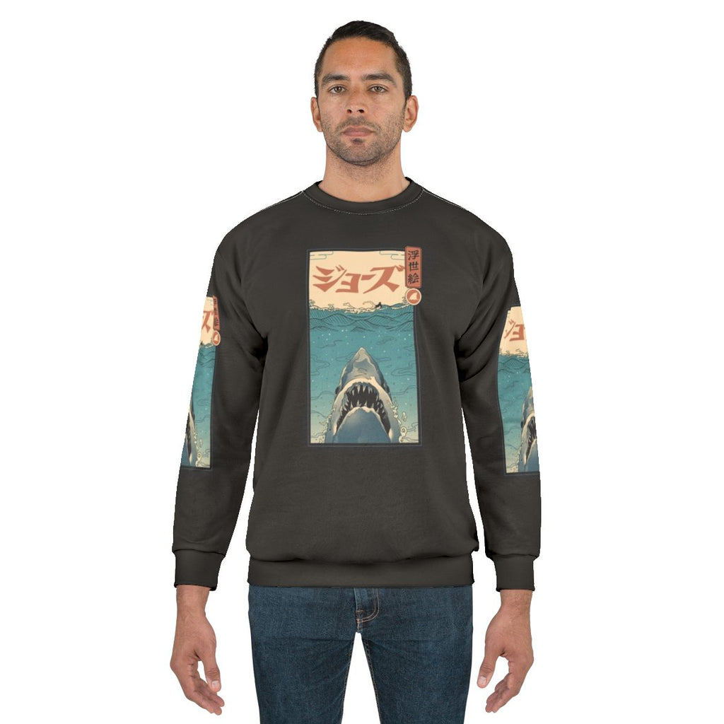 Ukiyo-e inspired shark design on a cozy sweatshirt