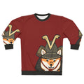 Shiba Inu wearing a cozy sweatshirt with Japanese-style graphics