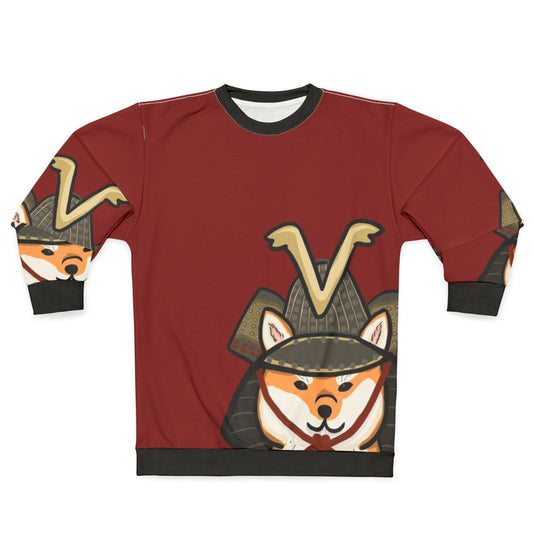 Shiba Inu wearing a cozy sweatshirt with Japanese-style graphics