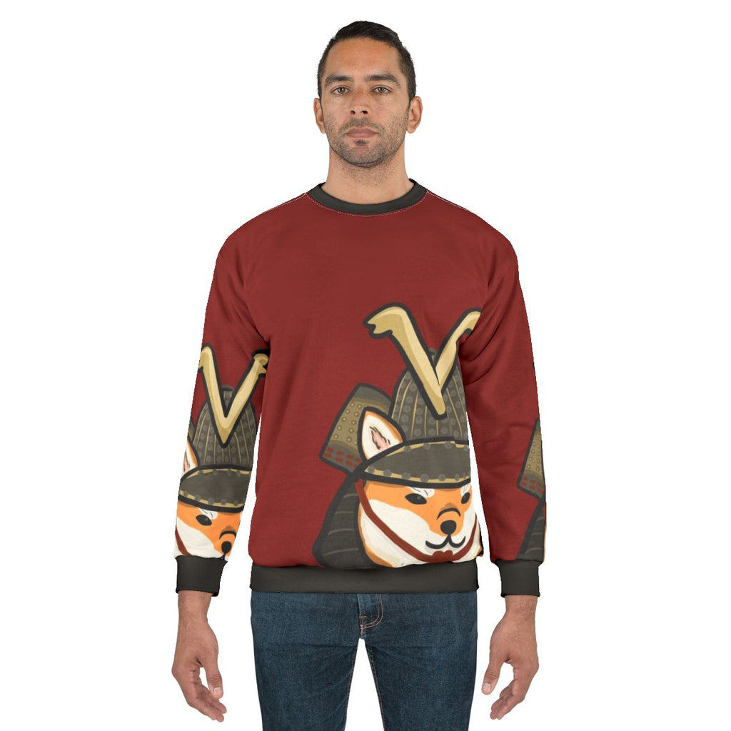 Shiba Inu wearing a cozy sweatshirt with Japanese-style graphics
