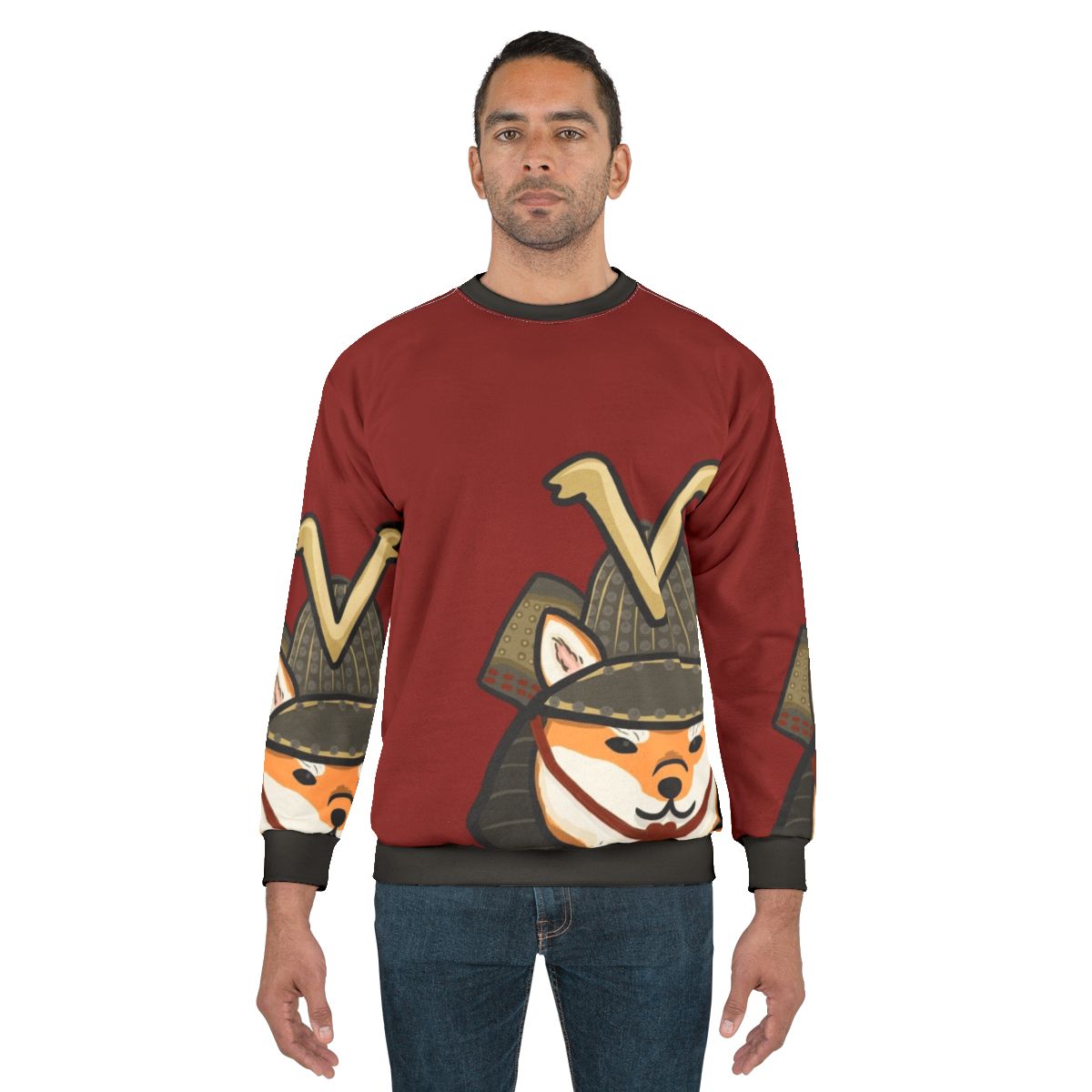 Shiba Inu wearing a cozy sweatshirt with Japanese-style graphics