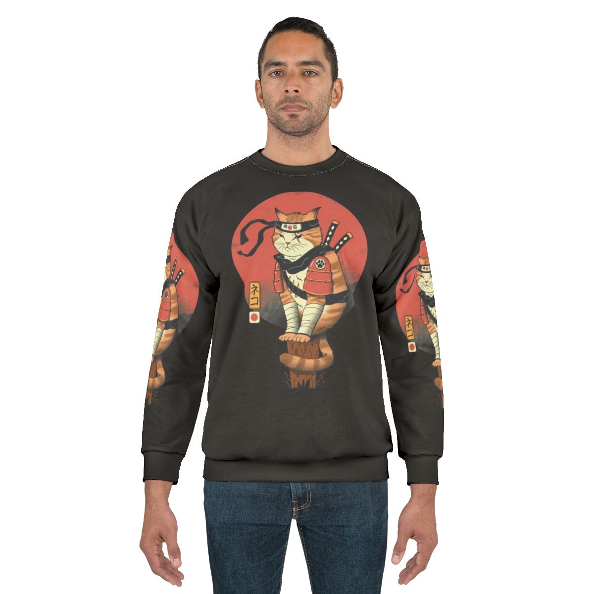 Shinobi cat sweatshirt featuring Japanese art and traditional design