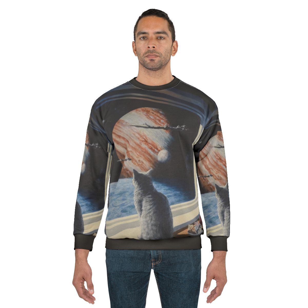 Captivating space cat sweatshirt featuring Keith Spangle's science fiction art
