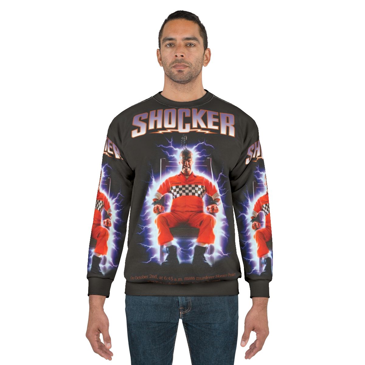 Shocker horror movie sweatshirt with retro 80s slasher design