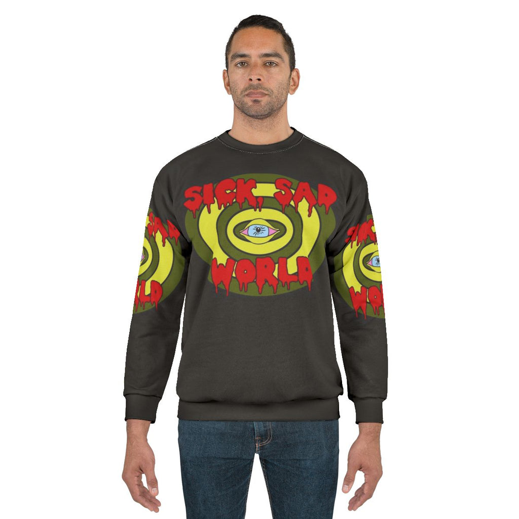 Retro 90s "Sick Sad World" grunge-style sweatshirt with eye and television graphics