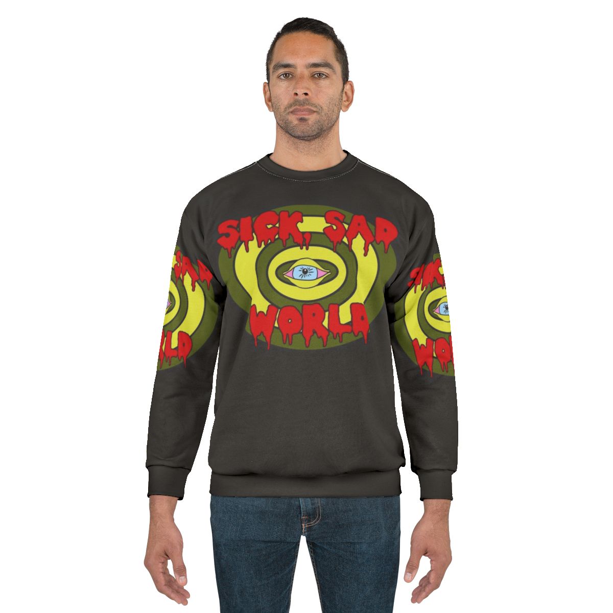 Retro 90s "Sick Sad World" grunge-style sweatshirt with eye and television graphics