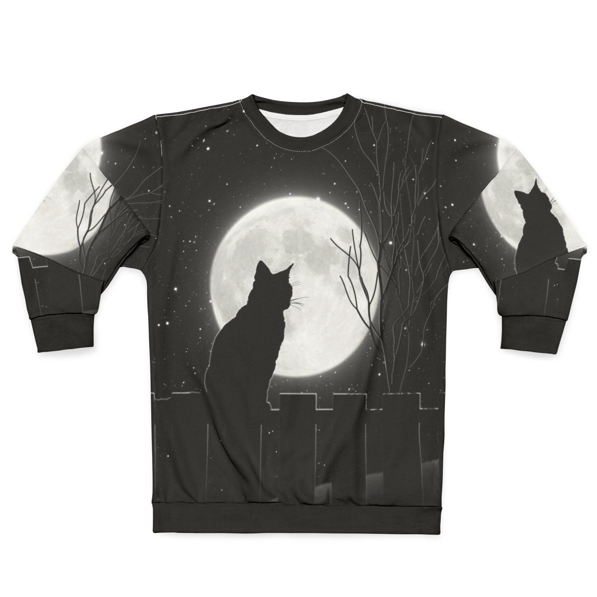 Silent night cat looking at the full moon on a sweatshirt