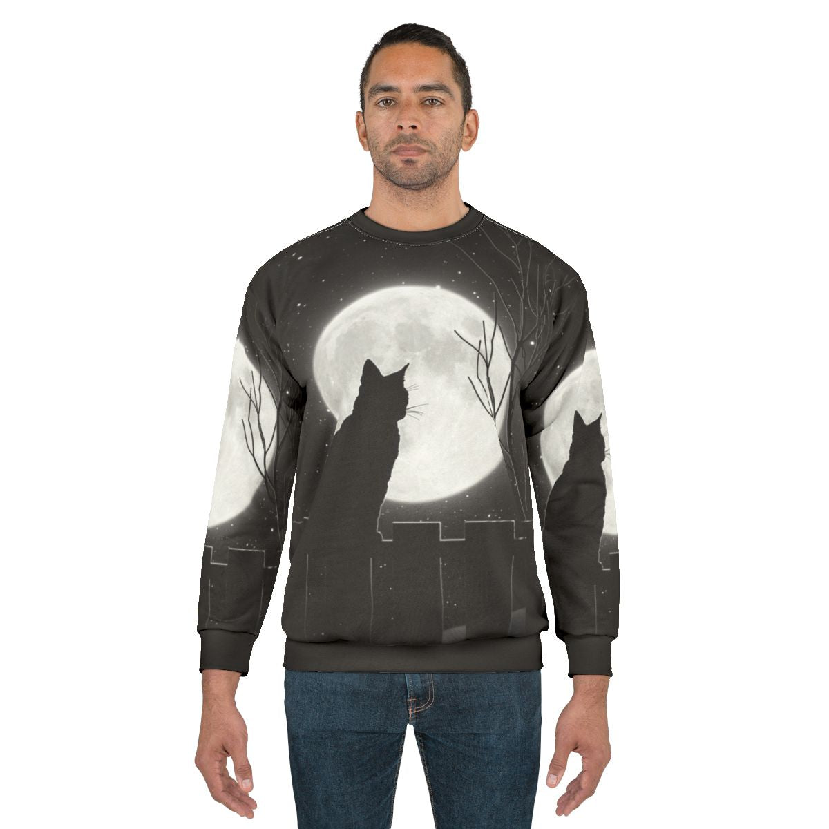 Silent night cat looking at the full moon on a sweatshirt