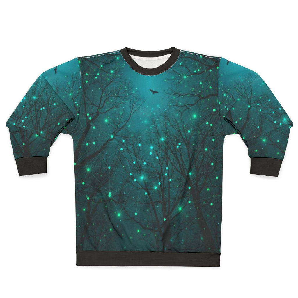 Glow-in-the-dark teal galaxy sweatshirt with geometric star pattern