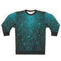Glow-in-the-dark teal galaxy sweatshirt with geometric star pattern