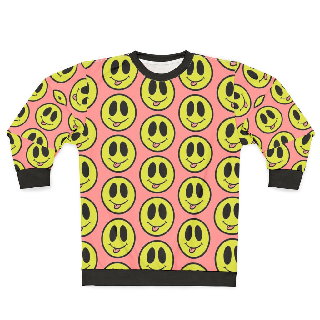 Silly smiley face graphic on a colorful neon sweatshirt