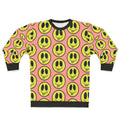 Silly smiley face graphic on a colorful neon sweatshirt