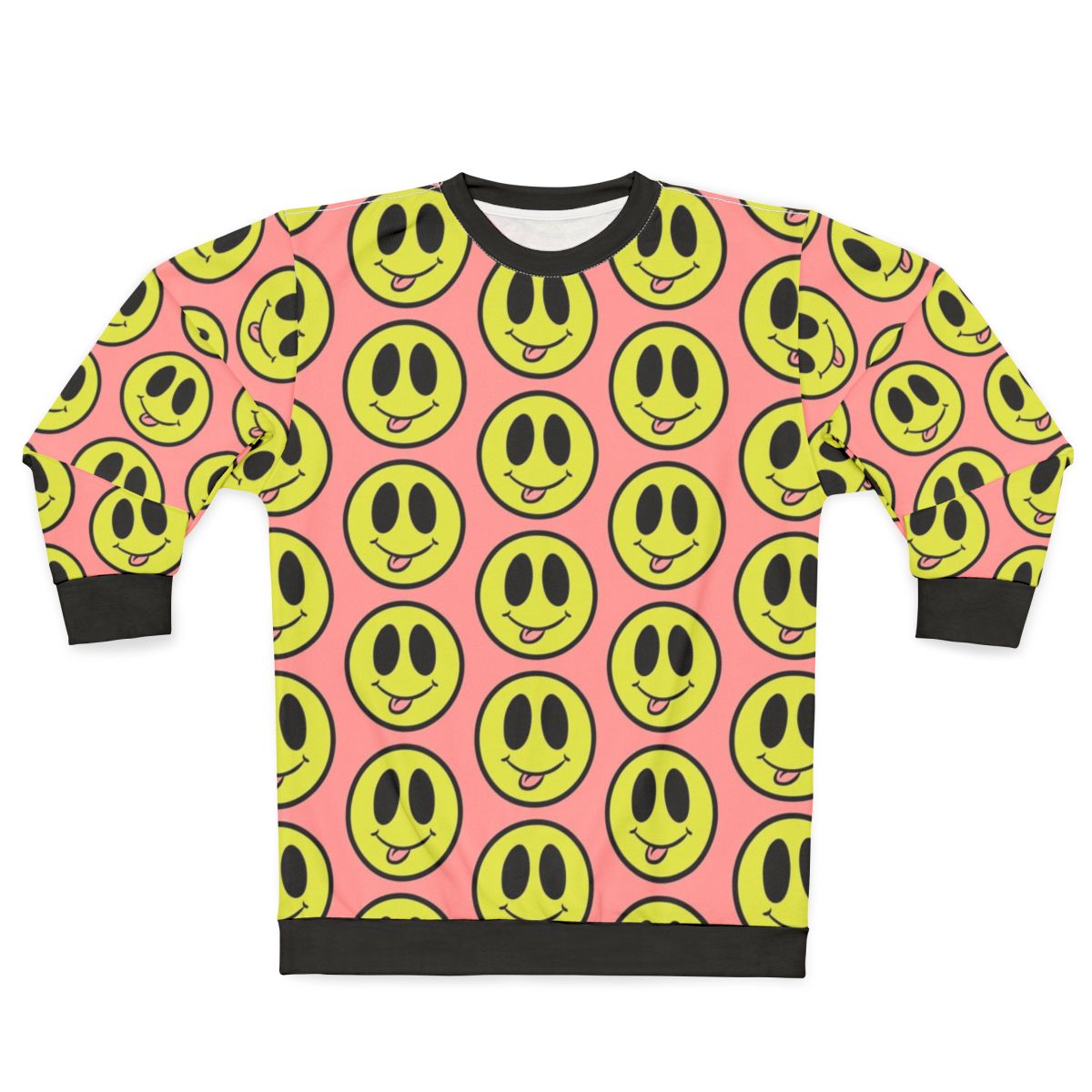 Silly smiley face graphic on a colorful neon sweatshirt