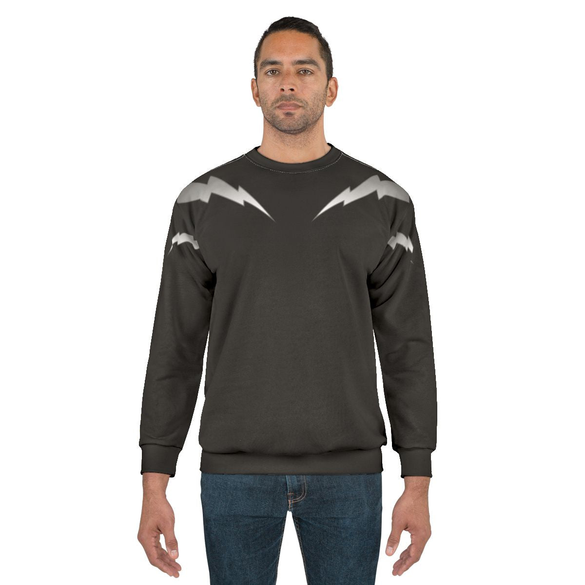 Metallic silver sweatshirt with lightning bolt zap design