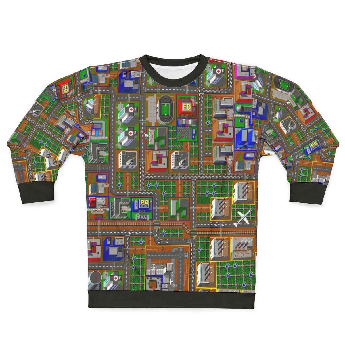 Retro Simcity 1 gaming sweatshirt with pixelated graphics