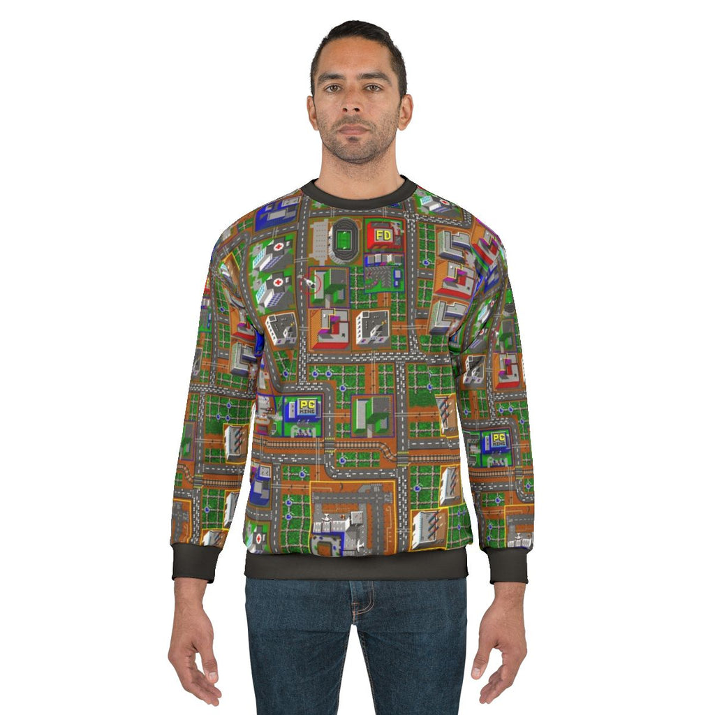 Retro Simcity 1 gaming sweatshirt with pixelated graphics