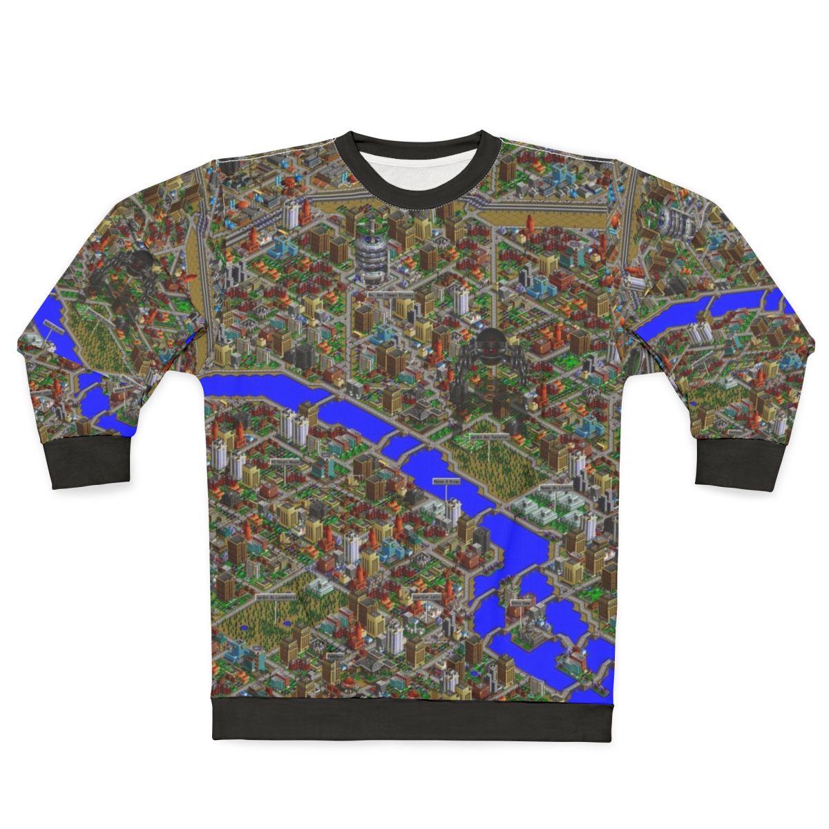 Simcity 2000 pixel art design on a stylish sweatshirt for retro gaming fans
