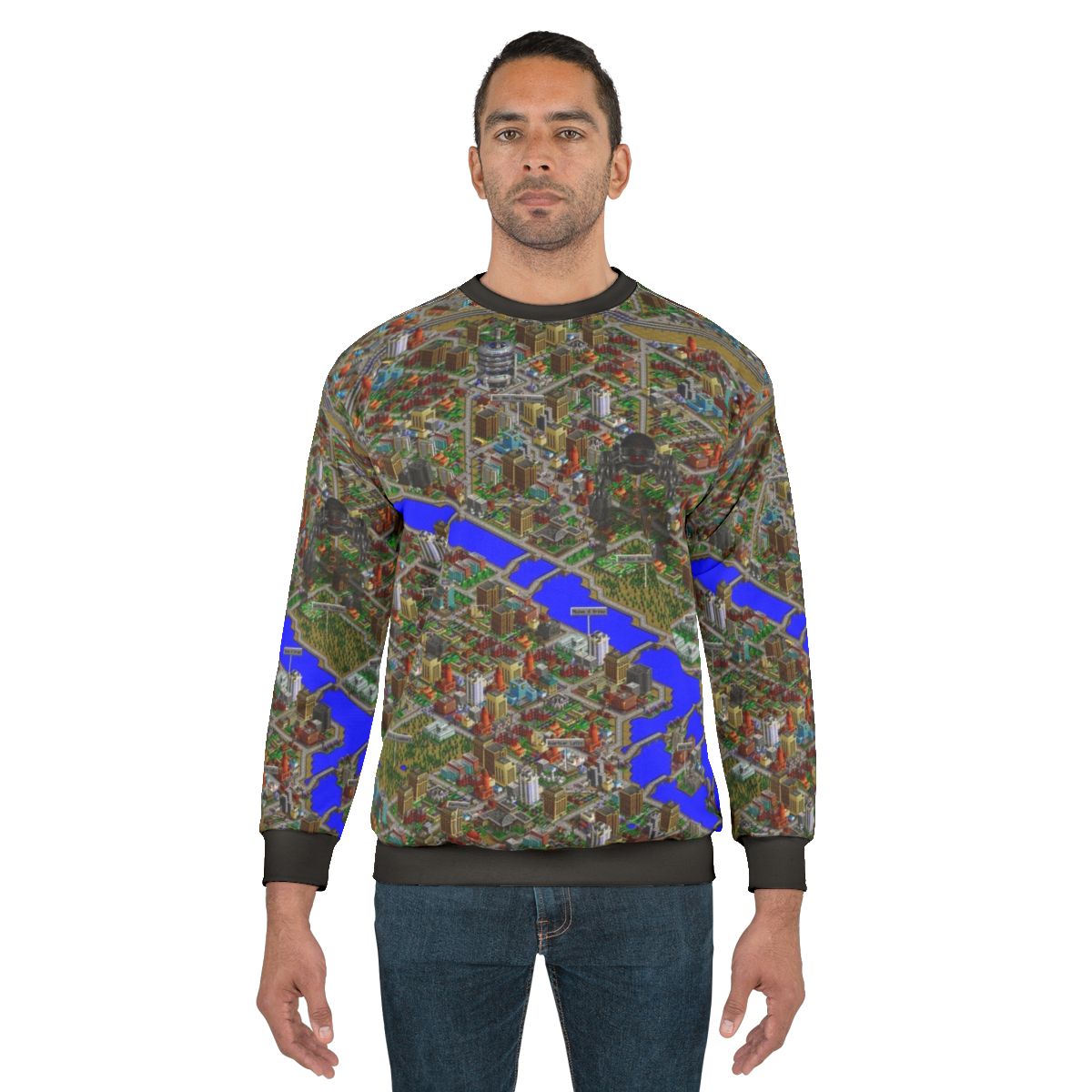 Simcity 2000 pixel art design on a stylish sweatshirt for retro gaming fans