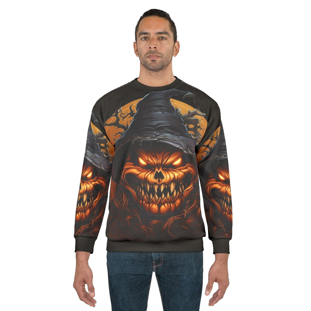 Sinister Halloween Pumpkin Sweatshirt with Demonic Pumpkin Design