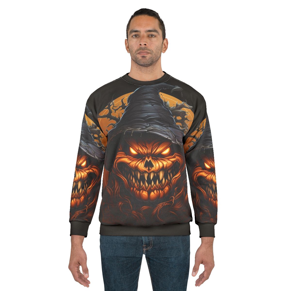 Sinister Halloween Pumpkin Sweatshirt with Demonic Pumpkin Design