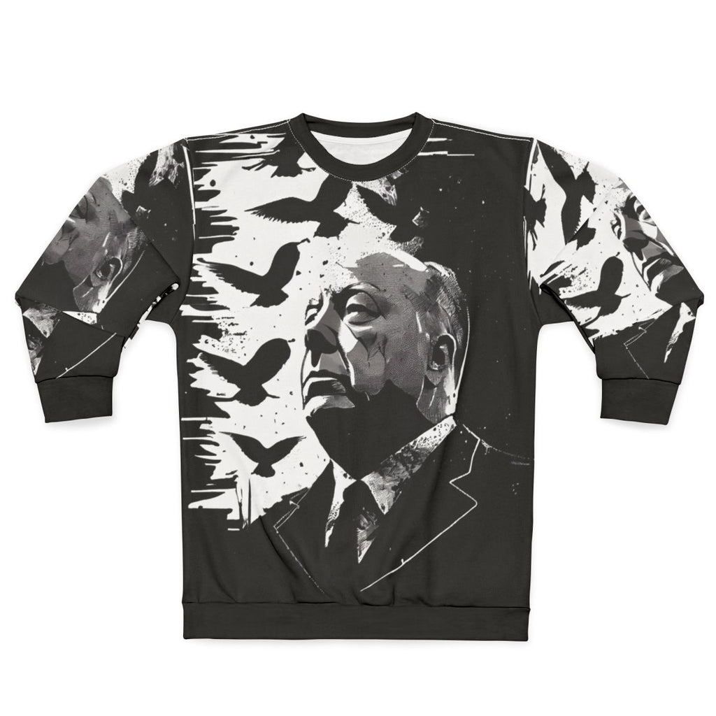 Alfred Hitchcock portrait sweatshirt with "The Birds" film reference