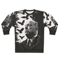 Alfred Hitchcock portrait sweatshirt with "The Birds" film reference