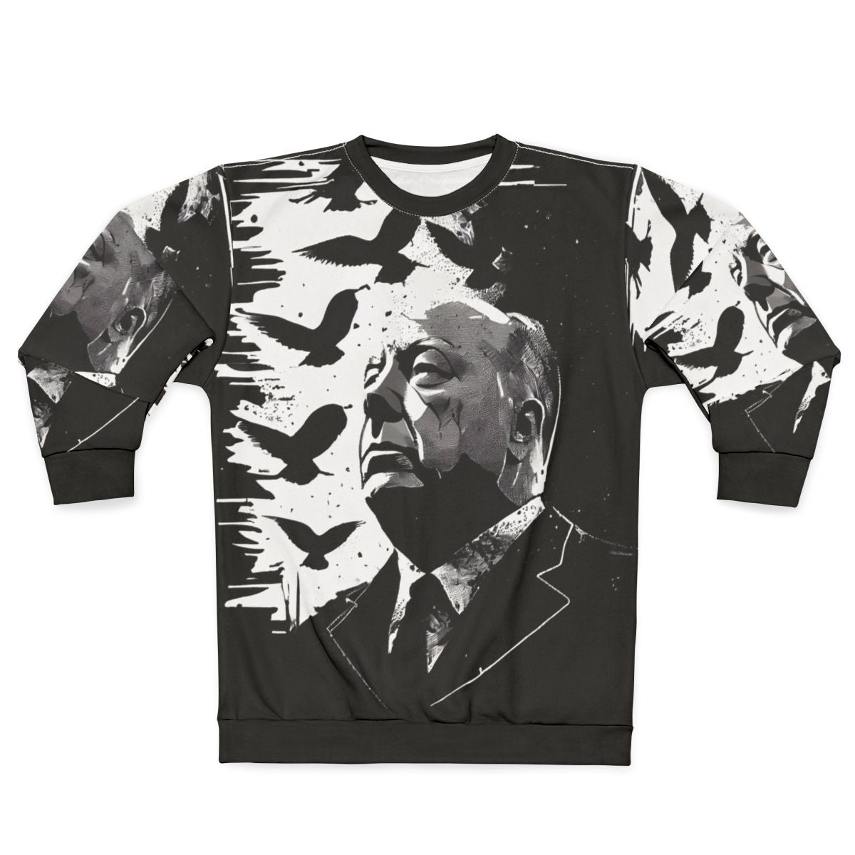 Alfred Hitchcock portrait sweatshirt with "The Birds" film reference