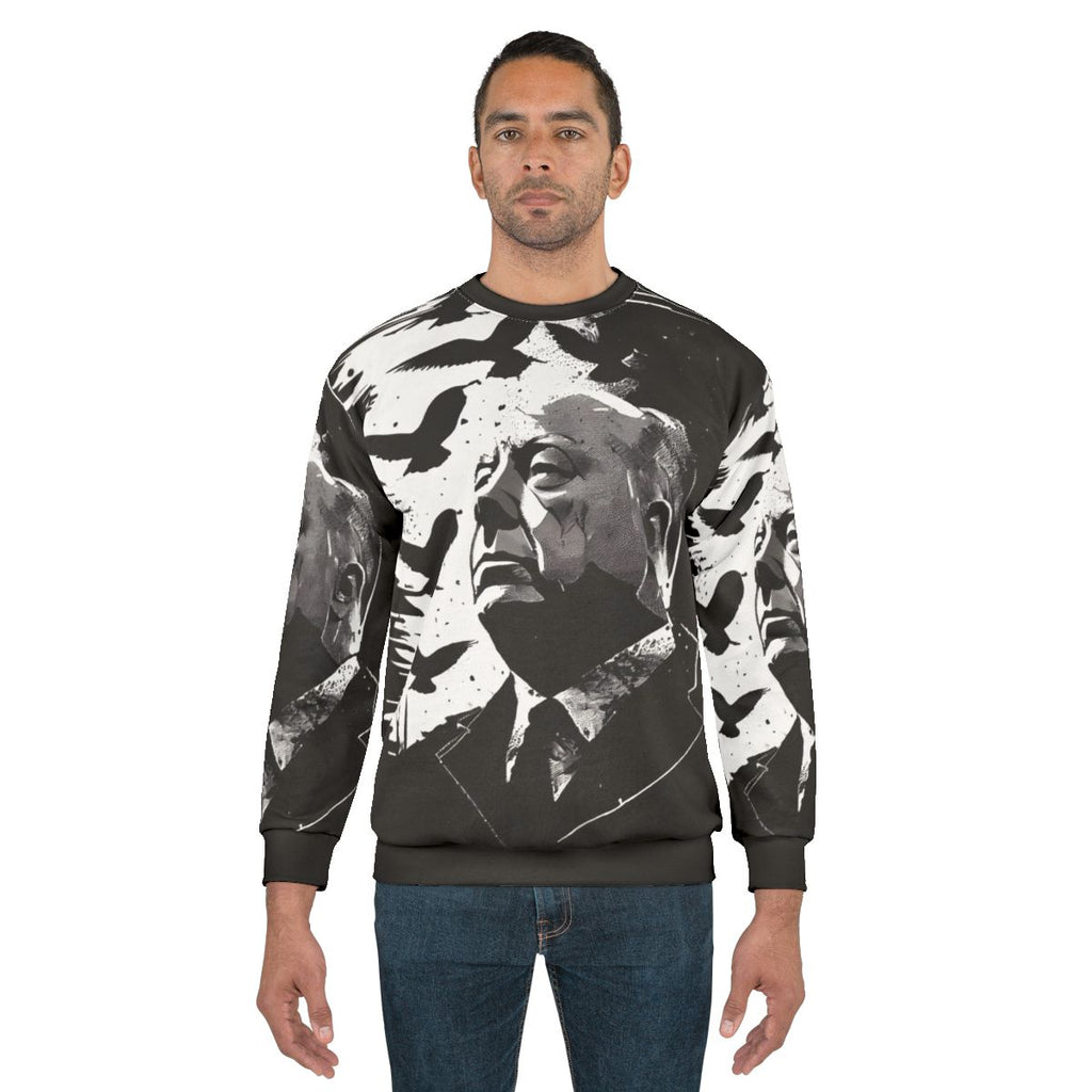 Alfred Hitchcock portrait sweatshirt with "The Birds" film reference