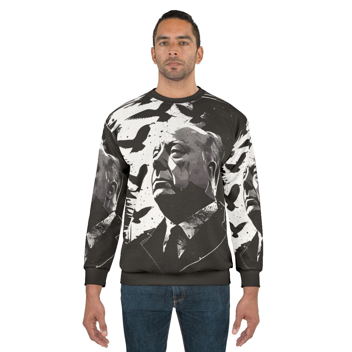 Alfred Hitchcock portrait sweatshirt with "The Birds" film reference