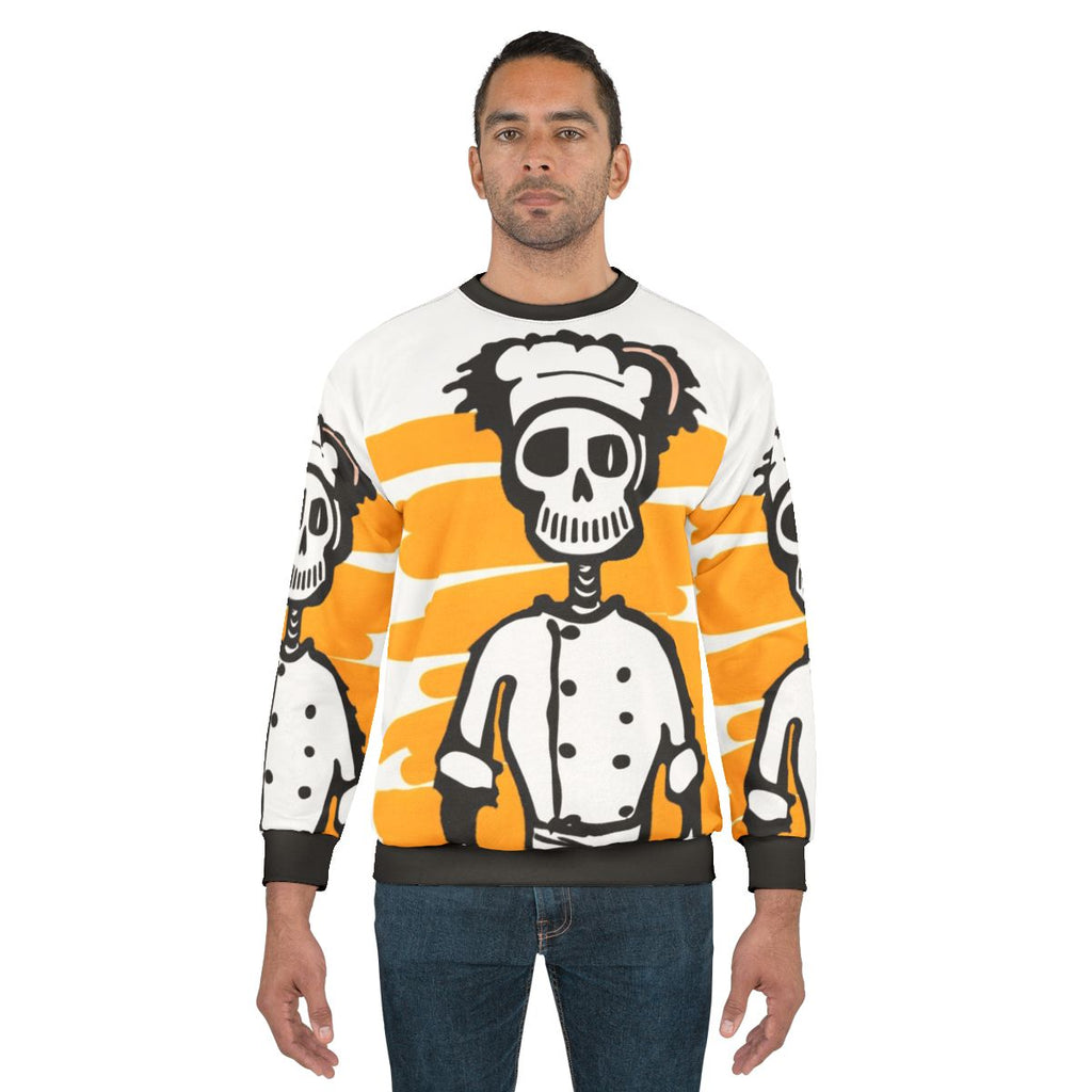Skeleton chef design on a cozy sweatshirt for culinary professionals