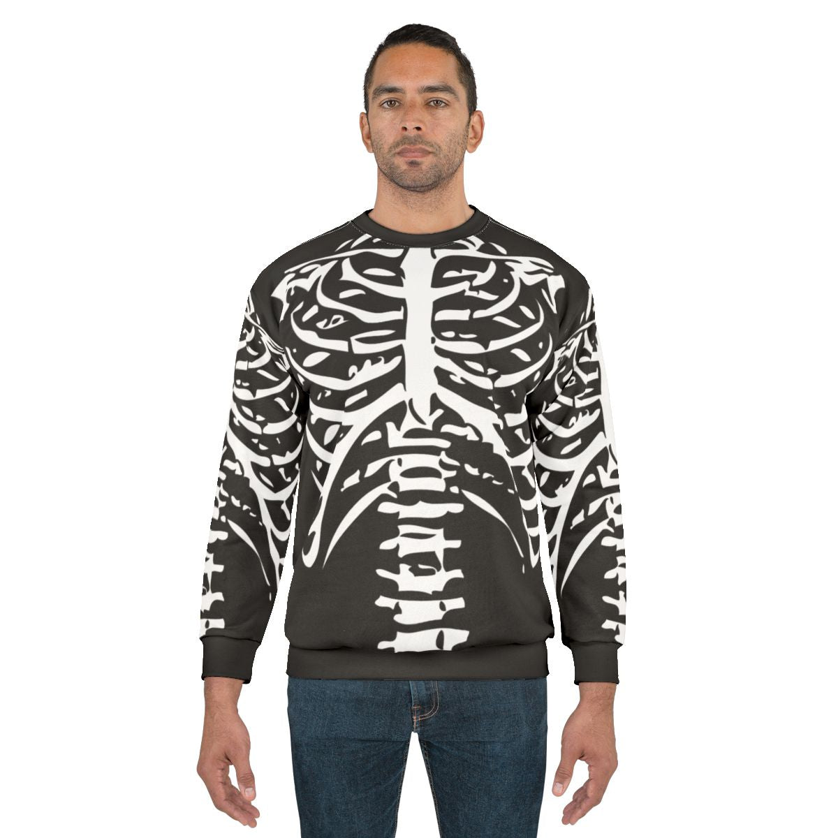 Skeleton rib cage design printed on a black sweatshirt