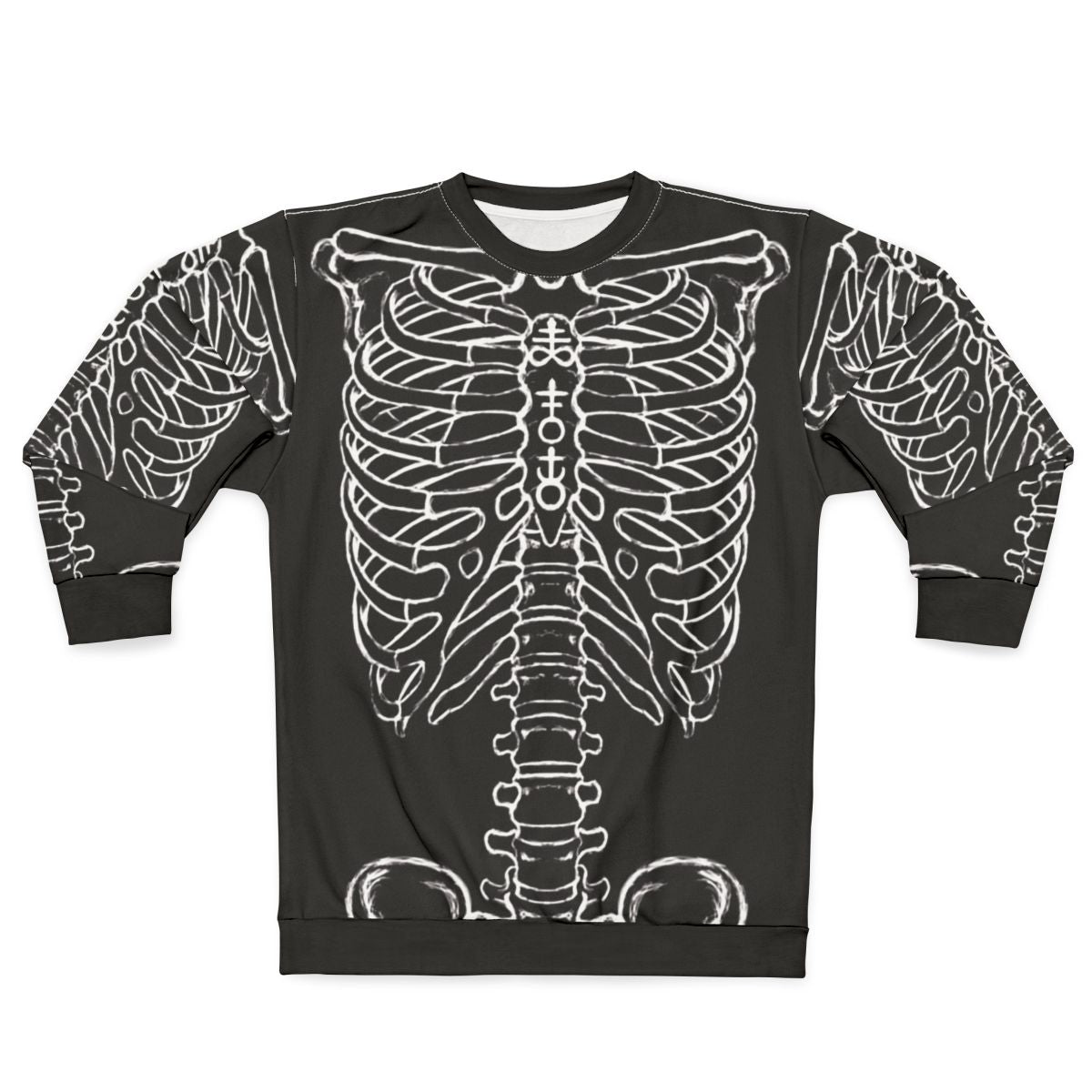 Skeleton rib cage design on a black sweatshirt