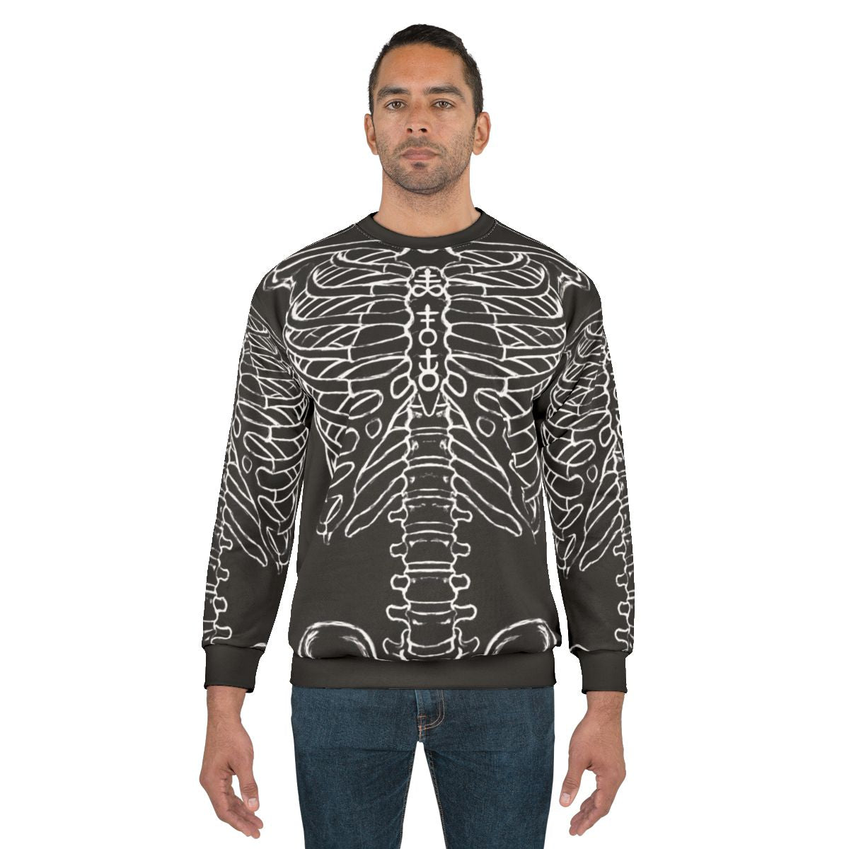Skeleton rib cage design on a black sweatshirt