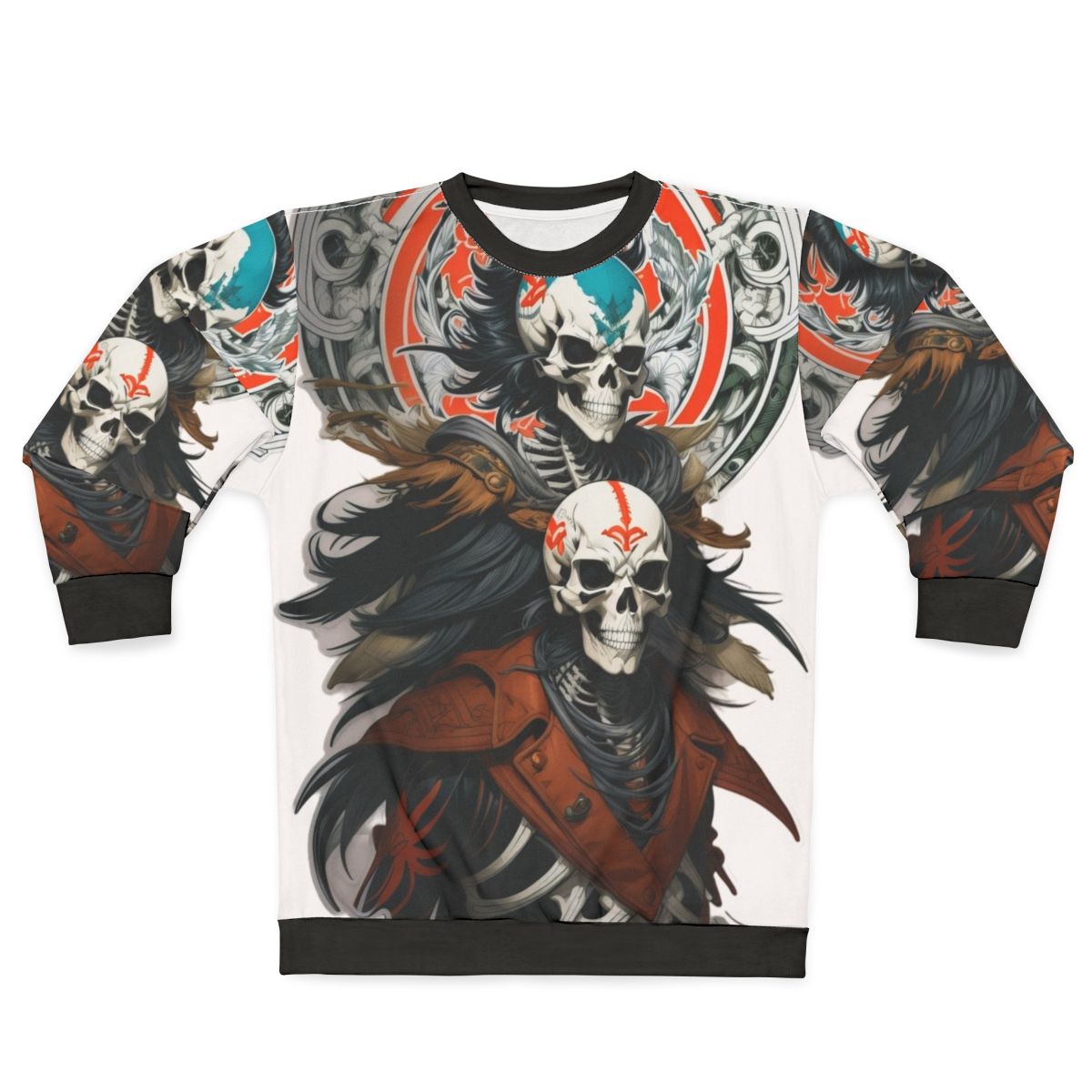Dark fantasy skeleton warrior design on a sweatshirt