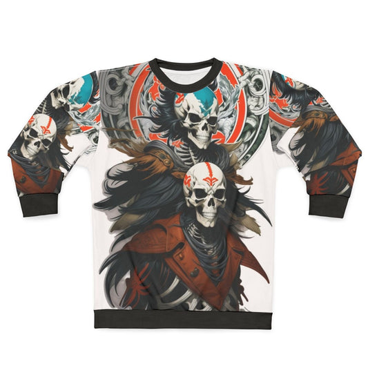 Dark fantasy skeleton warrior design on a sweatshirt