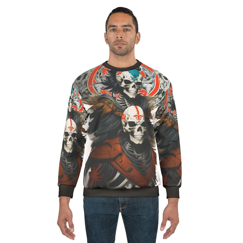 Dark fantasy skeleton warrior design on a sweatshirt