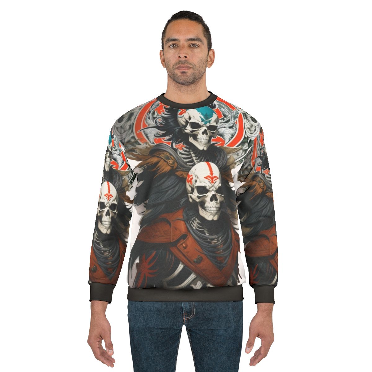 Dark fantasy skeleton warrior design on a sweatshirt