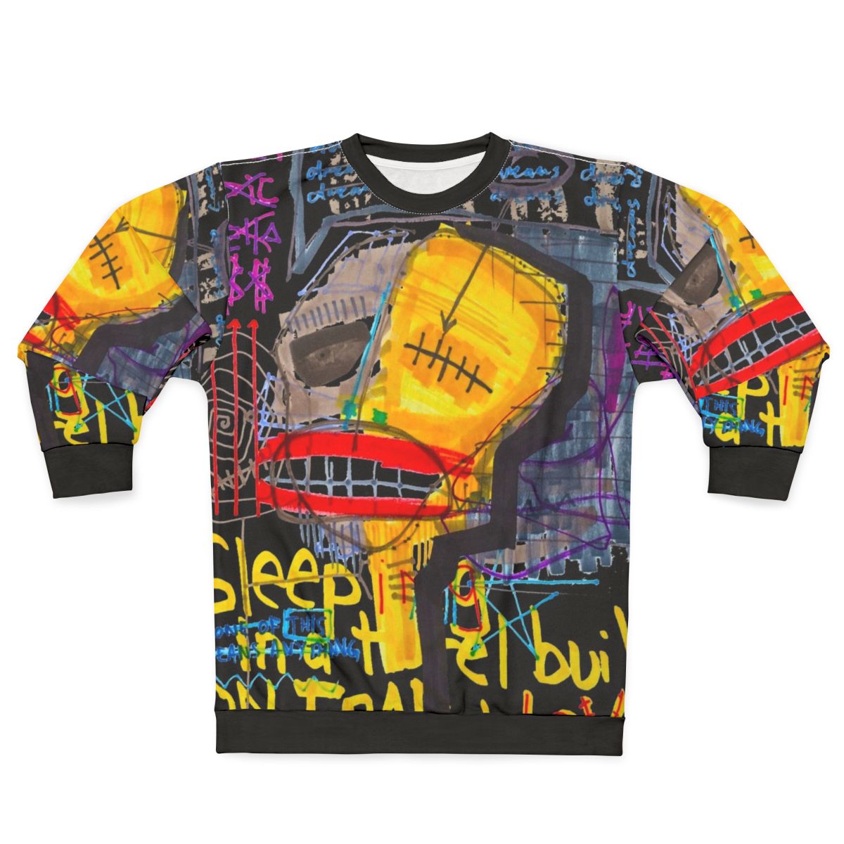 Abstract art sweatshirt with "Sleeping in a Hotel Built on Fear and Love" design
