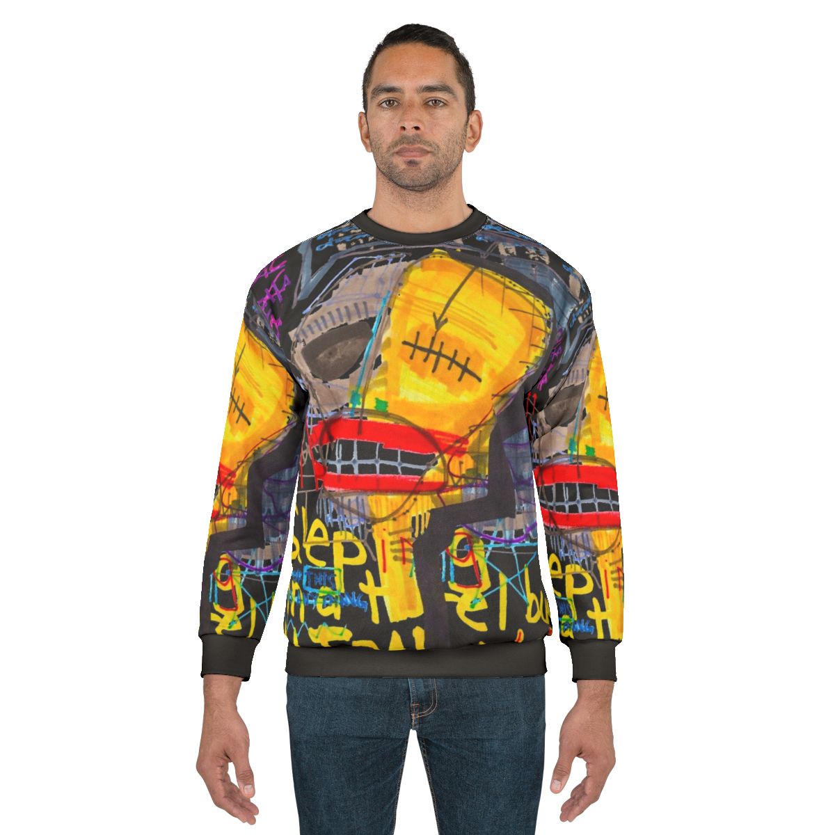 Abstract art sweatshirt with "Sleeping in a Hotel Built on Fear and Love" design
