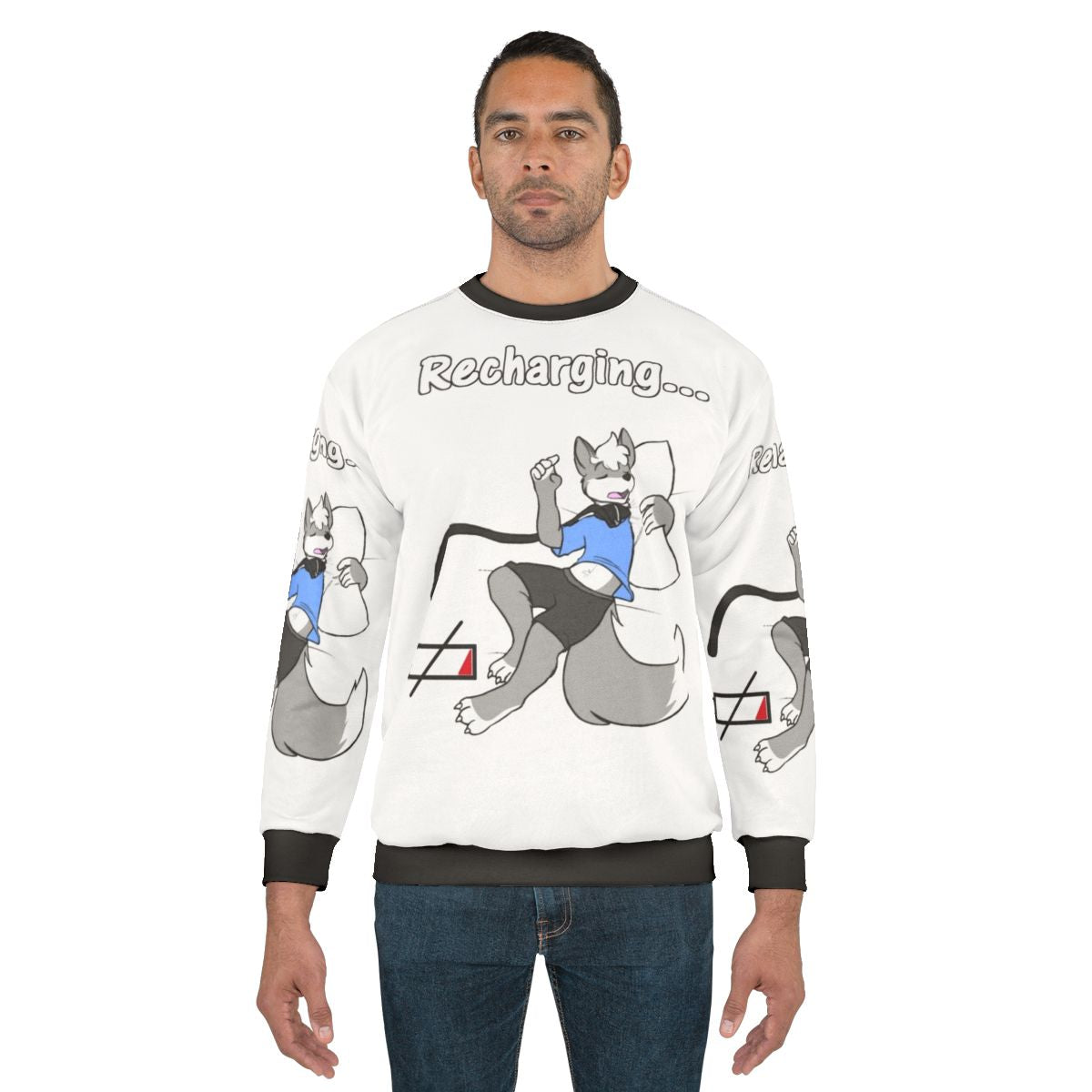 Sleepy furry wolf design on a sweatshirt