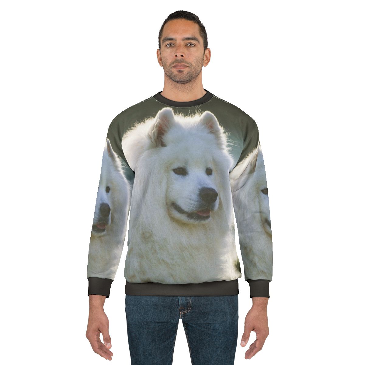 Smiling Samoyed wearing a cozy sweatshirt