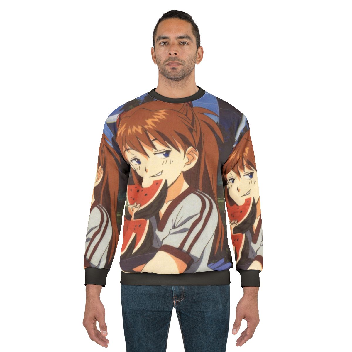 Smug anime sweatshirt with Evangelion inspired watermelon design