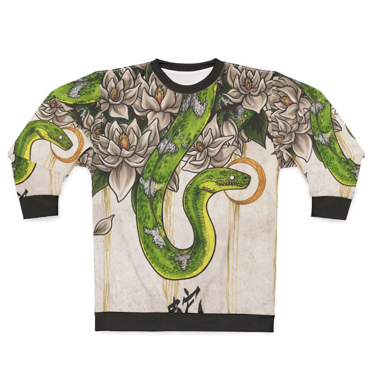 Magnolia flower snake sweatshirt with Chinese zodiac calligraphy