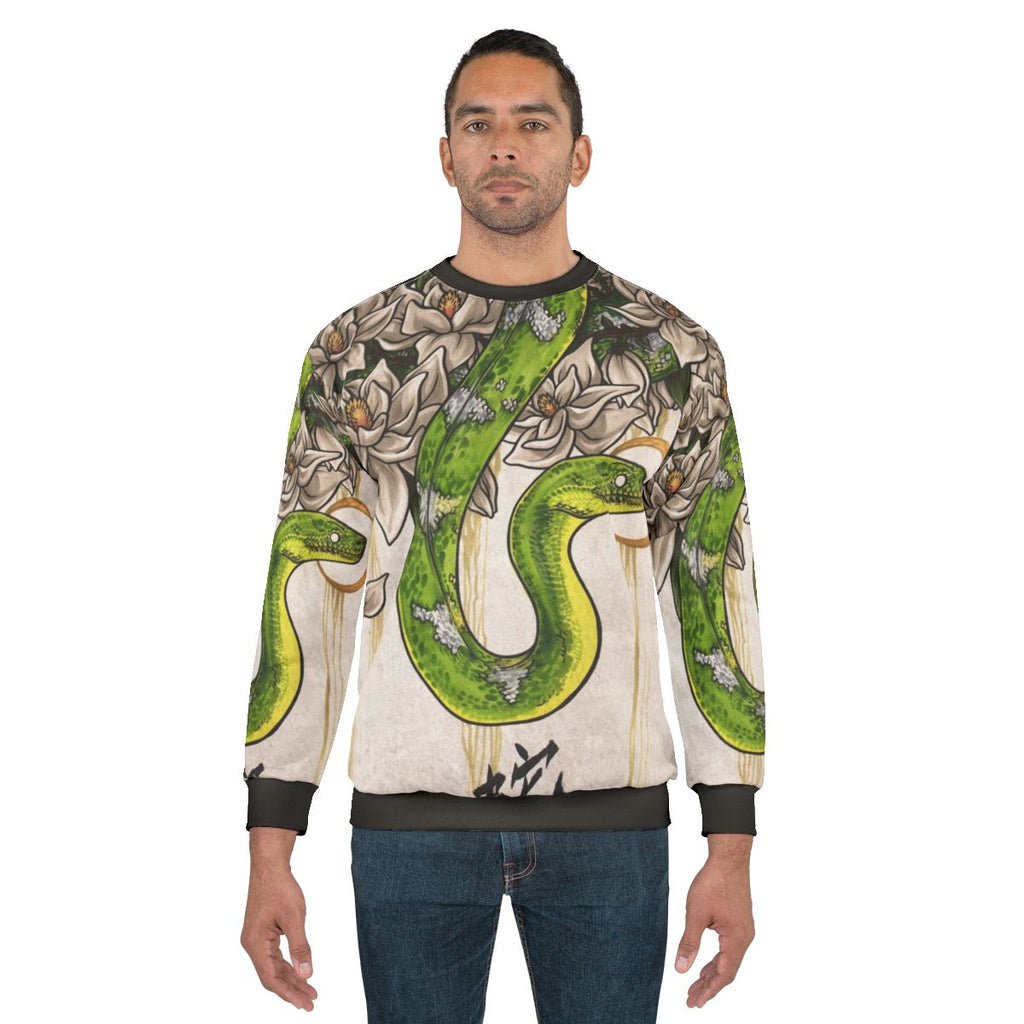 Magnolia flower snake sweatshirt with Chinese zodiac calligraphy