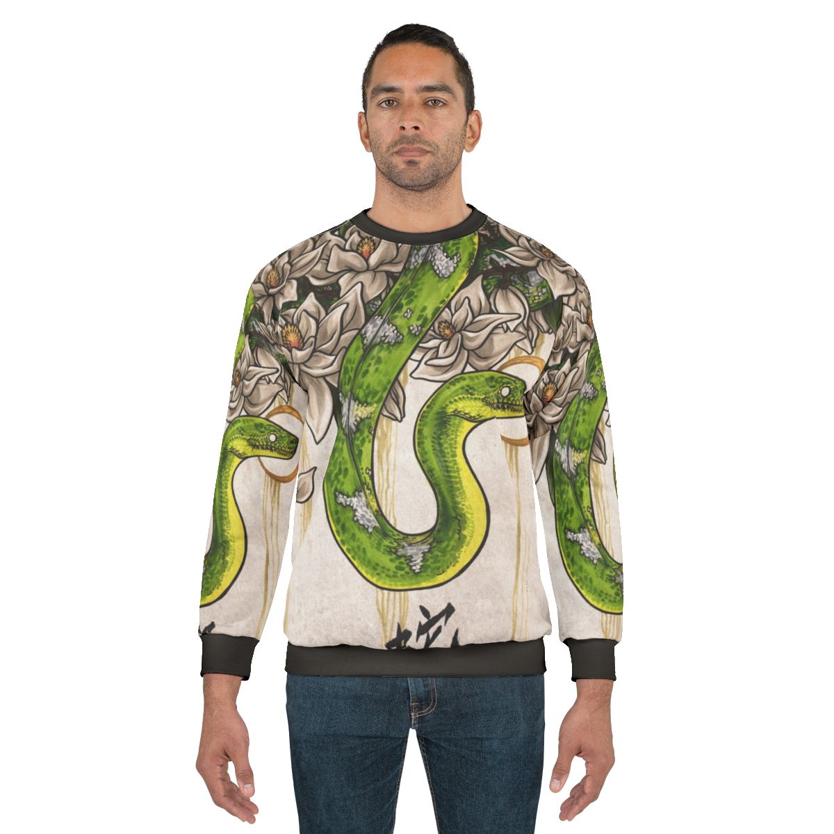 Magnolia flower snake sweatshirt with Chinese zodiac calligraphy
