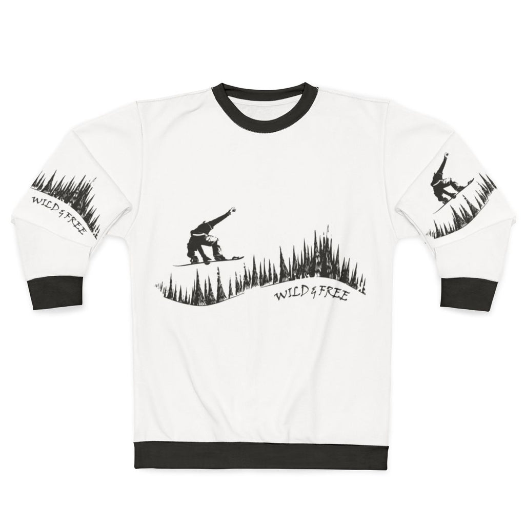 Snowboarder jumping in a snowy fir forest